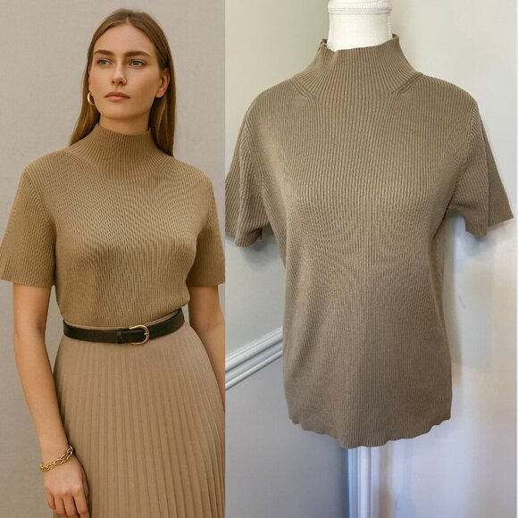 Outline Mock Neck Ribbed Short Sleeve Sweater - Picture 1 of 14